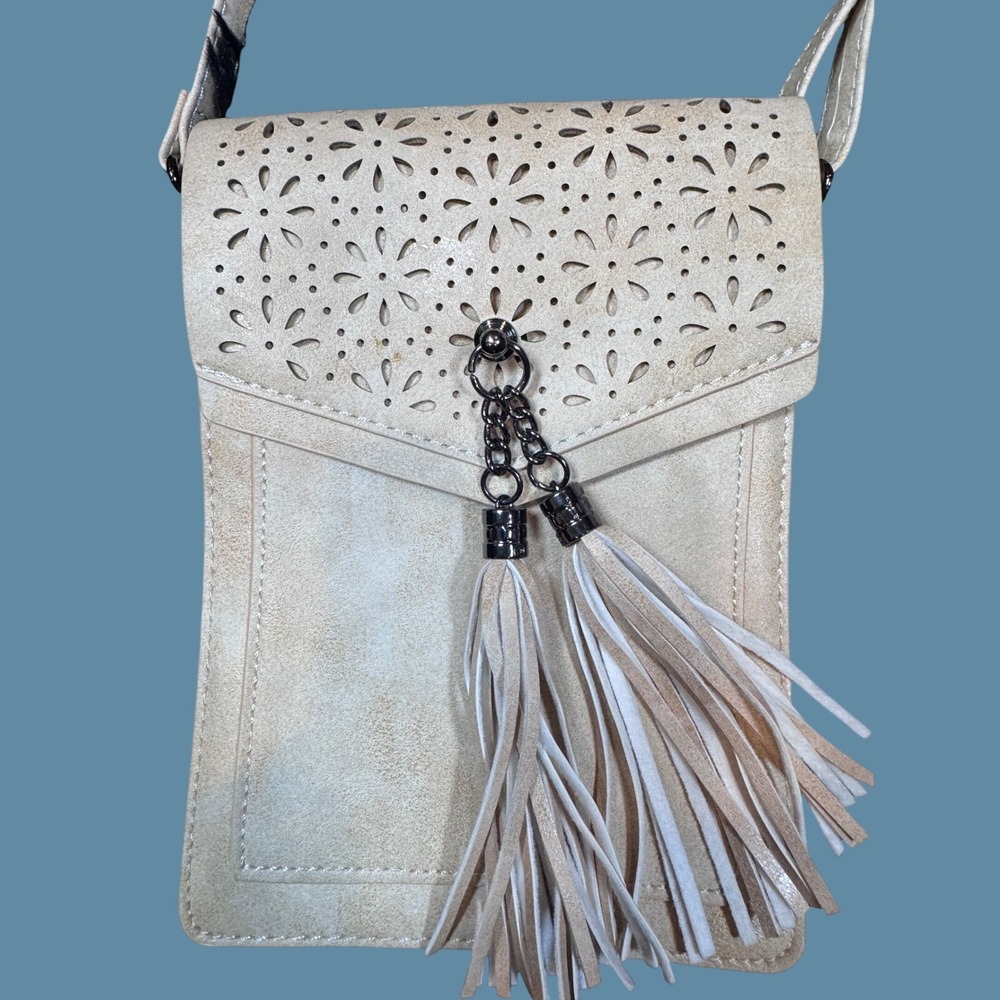 INICAT Laser Cut Floral Tassel Crossbody Bag OS Cream Boho Faux Suede